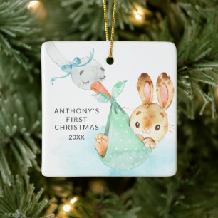 Special Delivery Baby's First Christmas Bunny Ceramic Ornament