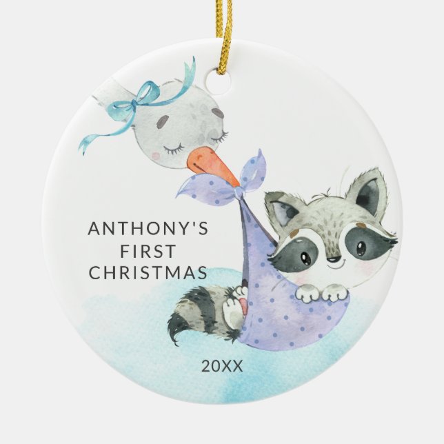Special Delivery Baby's First Christmas Raccoon Ceramic Tree Decoration (Front)