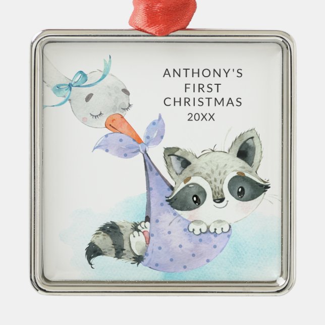 Special Delivery Baby's First Christmas Racoon Metal Tree Decoration (Front)