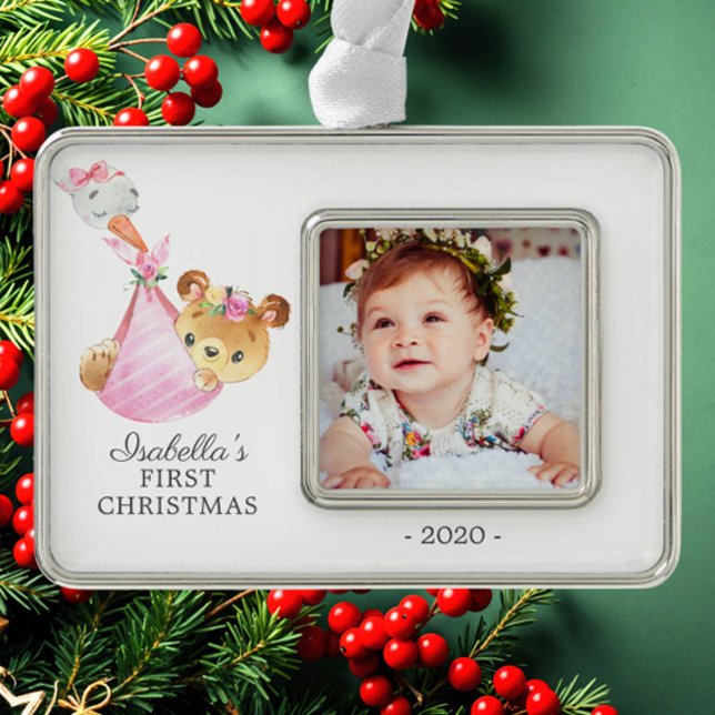 Special Delivery Bear First Christmas Photo Silver Plated Framed Ornament (Creator Uploaded)