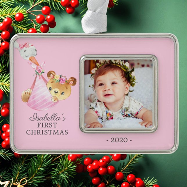 Special Delivery Bear First Christmas Photo Silver Plated Framed Ornament (Creator Uploaded)