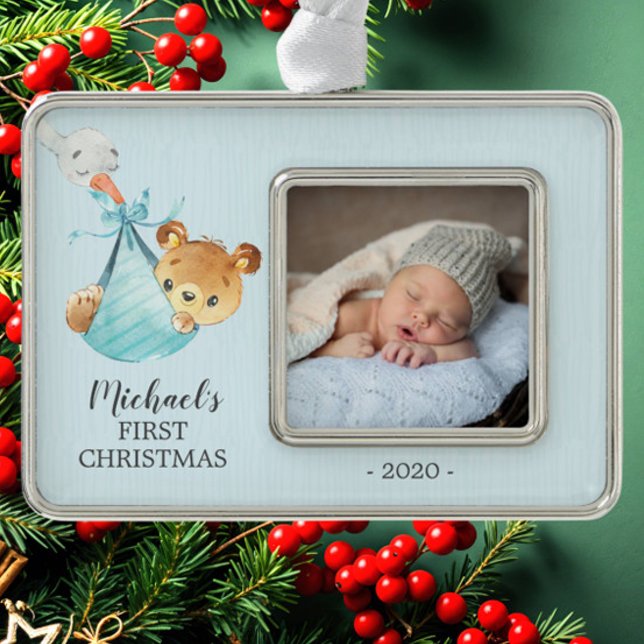 Special Delivery Bear First Christmas Photo Silver Plated Framed Ornament (Creator Uploaded)