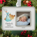Special Delivery Bear First Christmas Photo Silver Plated Framed Ornament<br><div class="desc">Cute special delivery bear baby Boys First Christmas Ornament. . Matching items available in our shop.</div>