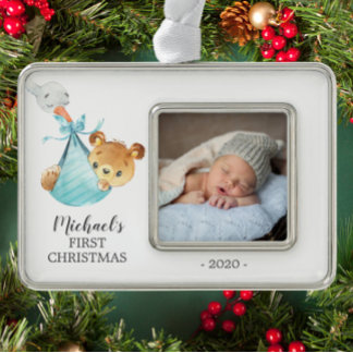 Special Delivery Bear First Christmas Photo Silver Plated Framed Ornament