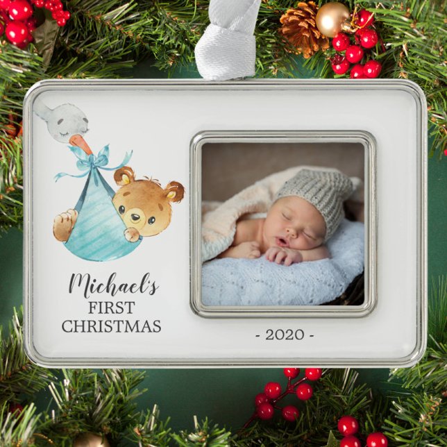 Special Delivery Bear First Christmas Photo Silver Plated Framed Ornament (Creator Uploaded)
