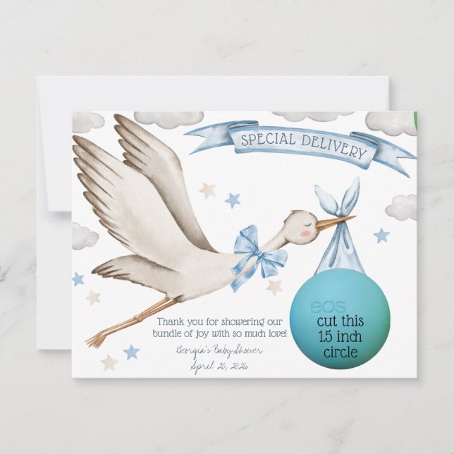 Special Delivery! Blue Stork EOS Lip Balm Favour Invitation (Front)