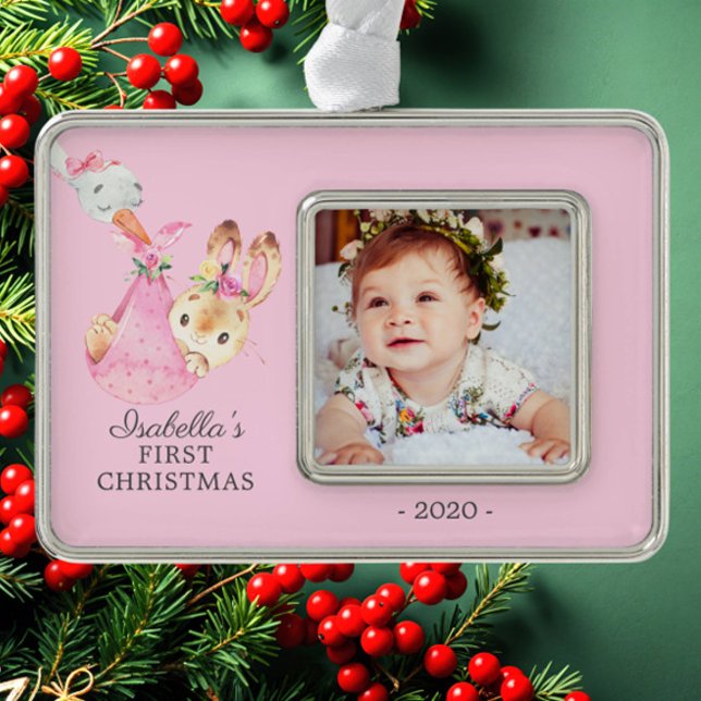 Special Delivery Bunny First Christmas Photo Silver Plated Framed Ornament (Creator Uploaded)