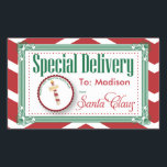 Special Delivery Christmas sticker gift tag<br><div class="desc">Special Delivery from the North Pole Christmas Gift tag Stickers.Festive red and green design with red and white chevron zigzag pattern, Ornate fancy border, a round tag with "Priority post from the North Pole', Space for the kid's name (leave blank if you want to handwrite different names on the stickers)...</div>