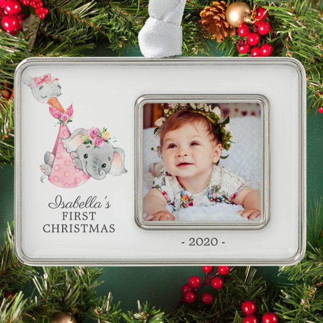 Special Delivery Elephant First Christmas Photo Silver Plated Framed Ornament (Creator Uploaded)