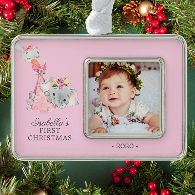 Special Delivery Elephant First Christmas Photo Silver Plated Framed Ornament (Creator Uploaded)