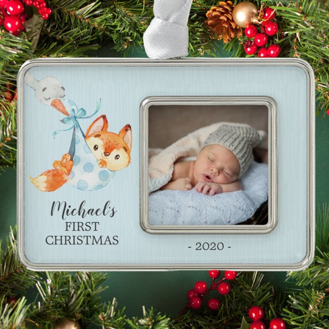 Special Delivery Fox First Christmas Photo Silver Plated Framed Ornament (Creator Uploaded)