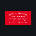 Special delivery from red holiday return address label<br><div class="desc">This festive red holiday return address sticker is perfect to pair with your holiday moving announcement. With a cute "special delivery from" type treatment, this return address label is designed to coordinate with the Lea Delaveris Design New Address collection but can also work well with a variety of holiday cards....</div>