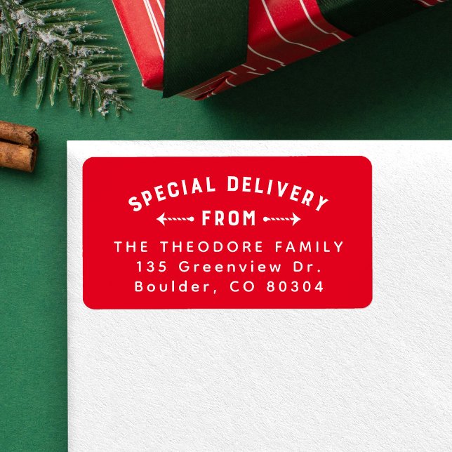 Special delivery from red holiday return address label (Creator Uploaded)