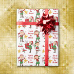 Special Delivery from Santa Elves Kids Christmas Wrapping Paper<br><div class="desc">Funny little Santa elves dressed in red and green have a special delivery from Santa on this cute kid's Holiday wrapping paper. Four different elves are in different poses, along with gold stars and candy canes. The red text says "Special Delivery for (name)" and "from Santa". Easy to customise with...</div>