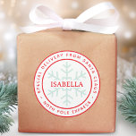 Special Delivery from Santa North Pole Kid Name Classic Round Sticker<br><div class="desc">A sticker for a gift for a kid, coming from Santa Claus, from the North Pole. The kid name is in the center, in red, on a light blue snowflake. There is red arched text around it, between two red circles. Above it, it says "Special delivery from Santa Claus" and...</div>