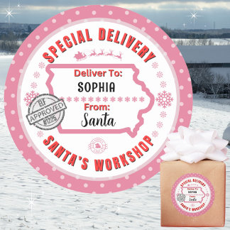 Special Delivery from Santa to Child in Iowa Pink Classic Round Sticker