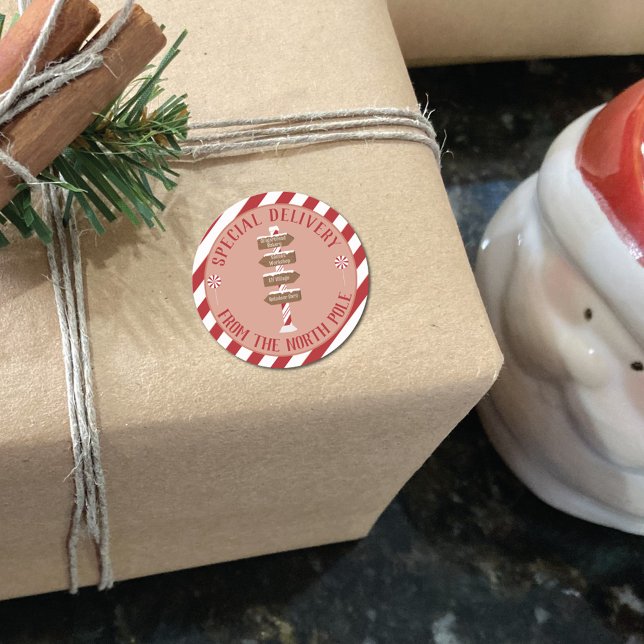 Special delivery from the North Pole red and white Classic Round Sticker (Creator Uploaded)