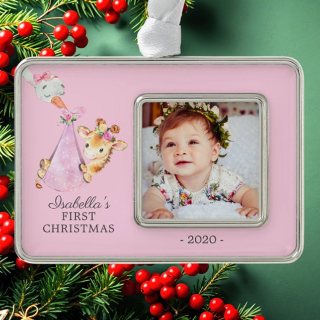 Special Delivery Giraffe First Christmas Photo Silver Plated Framed Ornament (Creator Uploaded)
