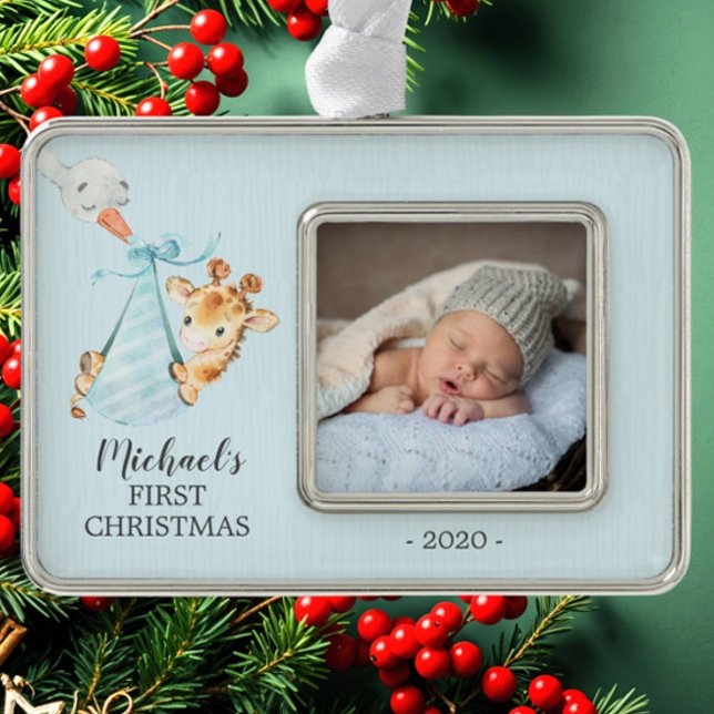 Special Delivery Giraffe First Christmas Photo Silver Plated Framed Ornament (Creator Uploaded)