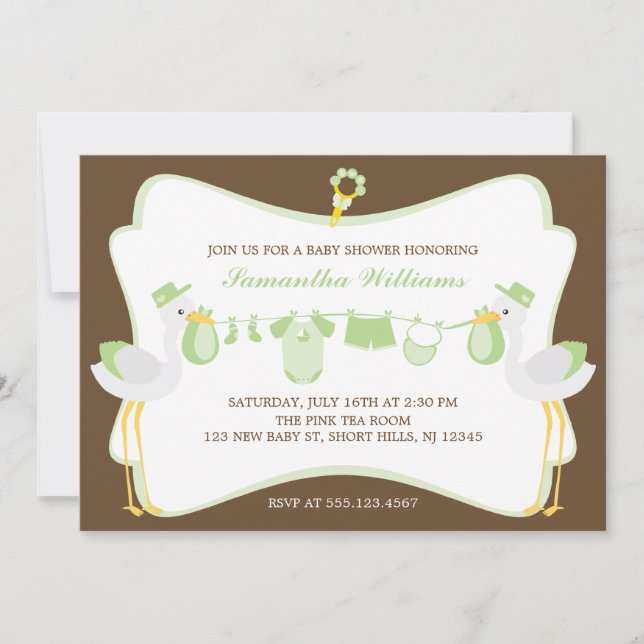 Special Delivery Green Storks Baby Shower Invitation (Front)