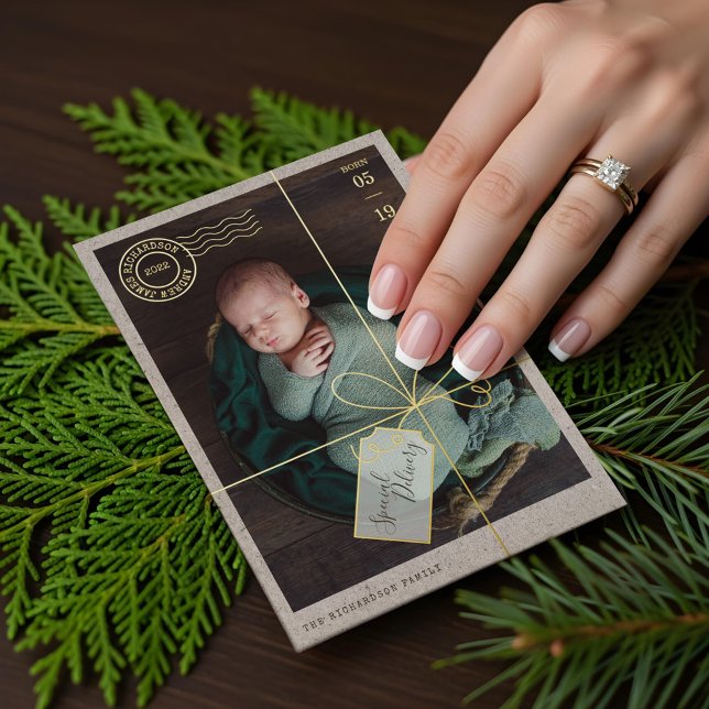 Special Delivery Parcel Baby Birth Stats & Photo (Special Delivery Parcel Baby Birth Stats & Photo Foil Holiday Card)