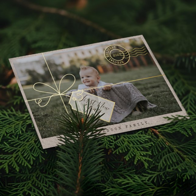 Special Delivery Parcel First New Year Baby Photo (Special Delivery Parcel First New Year Baby Photo Foil Holiday Card)