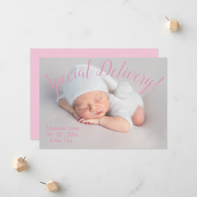 Special DelIvery Photo Script Baby Girl Pink Birth Announcement (Front/Back In Situ)