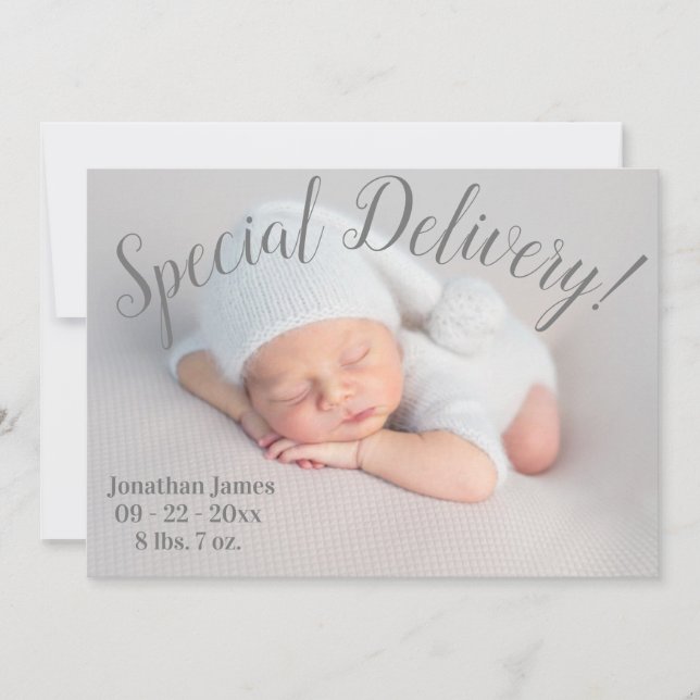 Special Delivery Photo Script Gender Neutral Birth Announcement (Front)