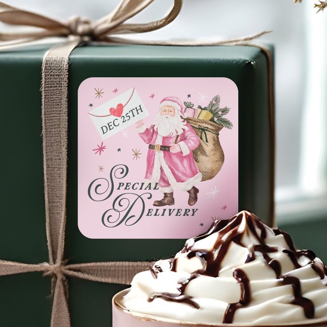 Special Delivery Pink Retro Santa Claus Christmas Square Sticker (Special Delivery Pink Retro Santa Claus Christmas Square Sticker)