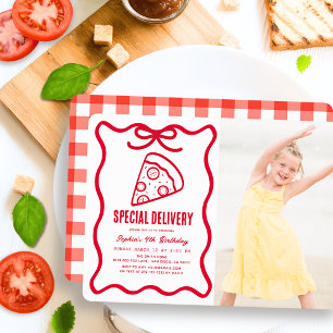 Special Delivery Red Bow Pizza Photo Birthday Invitation
