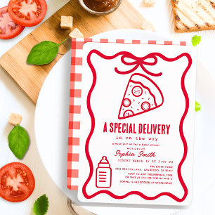 Special Delivery Red Hand-drawn Pizza Baby Shower Invitation