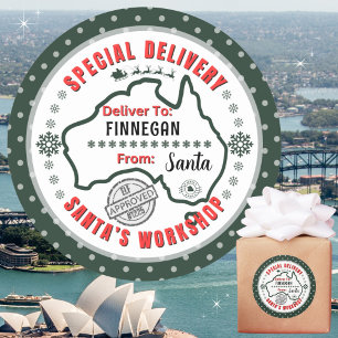Special Delivery Santa to Child in Australia Green Classic Round Sticker