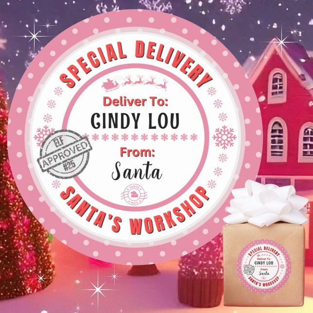 Special Delivery Santa to Child Pink Gift Label (Personalize with a name. Recommend 3", matte, if you choose to write in names. Avail in many colors.)