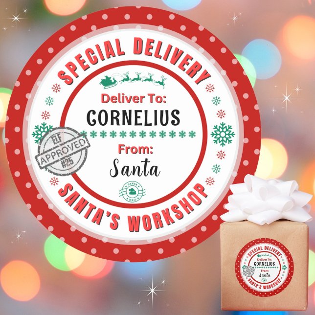 Special Delivery Santa to Child Red Green Label (Personalize with a name. Recommend 3", matte, if you choose to write in names. Avail in many colors.)