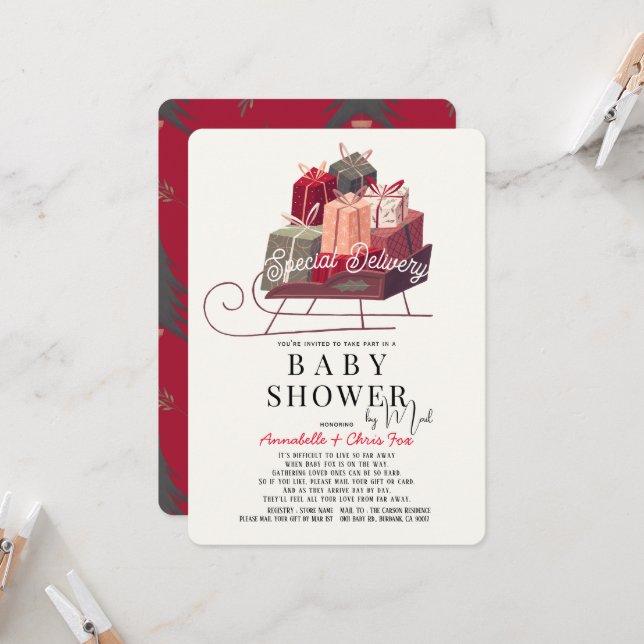 Special Delivery Sleigh Gifts Baby Shower by Mail Invitation (Front/Back In Situ)