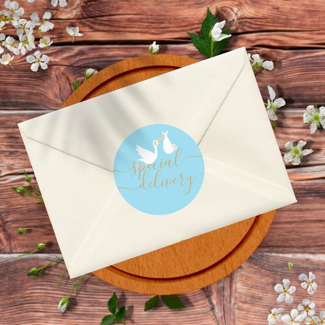 Special Delivery Stork and Baby Blue Classic Round Sticker (Creator Uploaded)