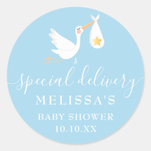 Special Delivery Stork Baby Shower Sprinkle Blue Classic Round Sticker