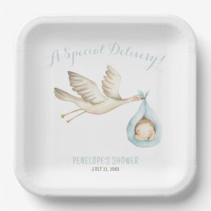 Special Delivery Stork Blue Baby Boy Baby Shower Paper Plate