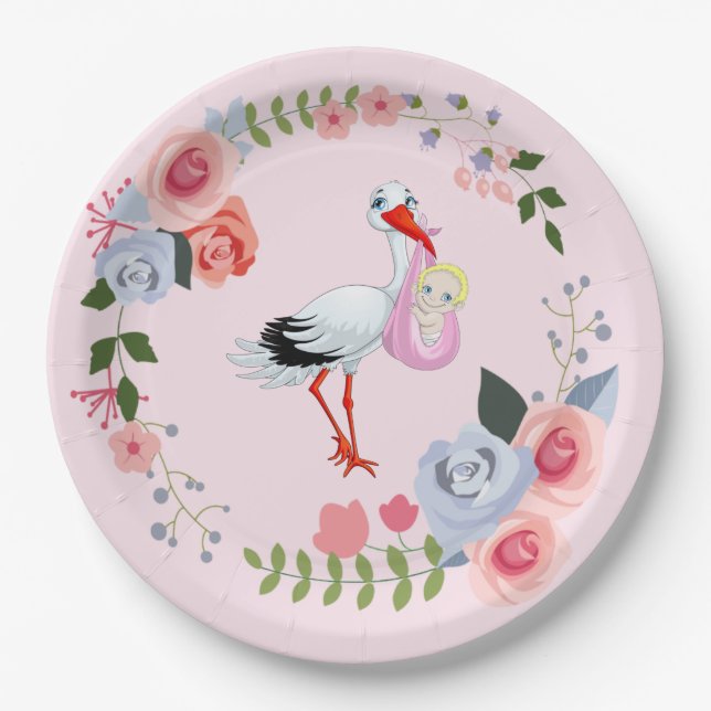 Special Delivery Stork Floral Baby Shower Paper Plate (Front)