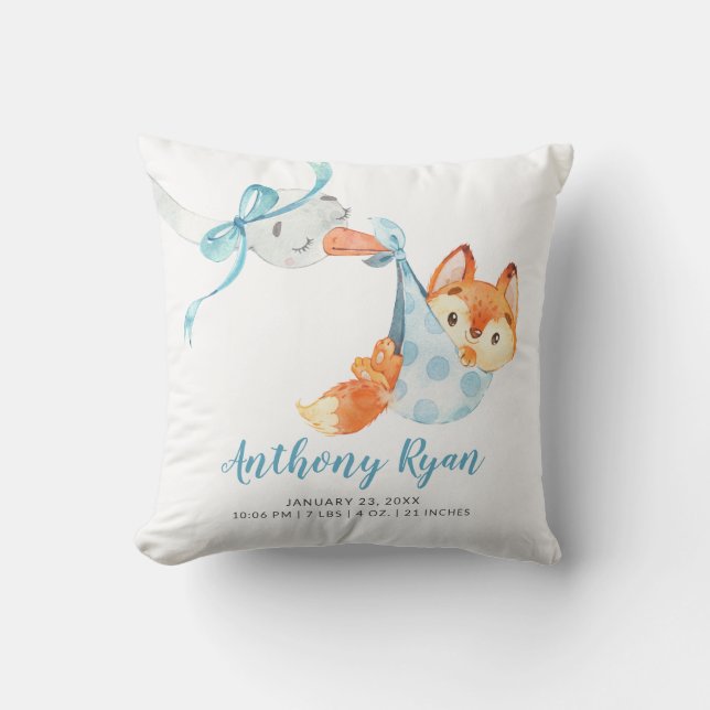 Special Delivery Stork Fox Baby Birth Stats Cushion (Front)