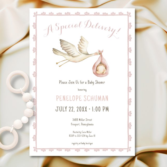 Special Delivery Stork Pink Baby Girl Baby Shower Invitation (Creator Uploaded)