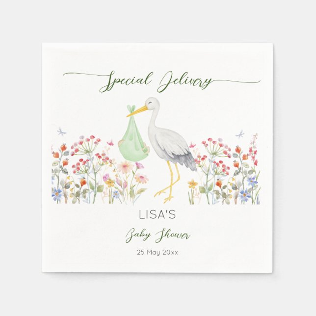 Special delivery stork spring baby shower printed napkin (Front)