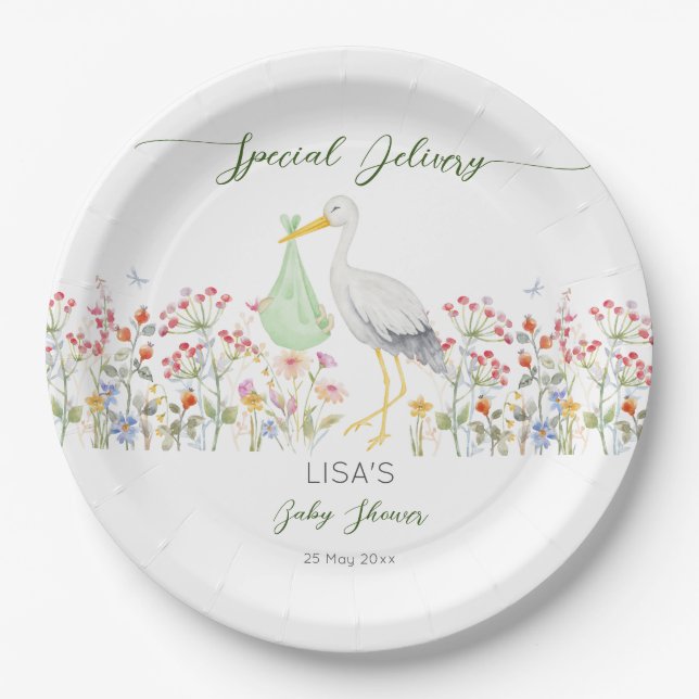 Special delivery stork spring baby shower printed paper plate (Front)