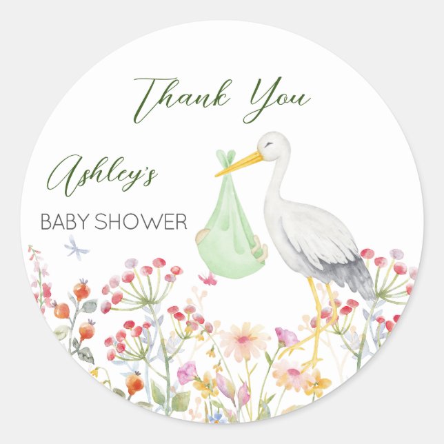 Special delivery stork spring flowers baby shower classic round sticker (Front)