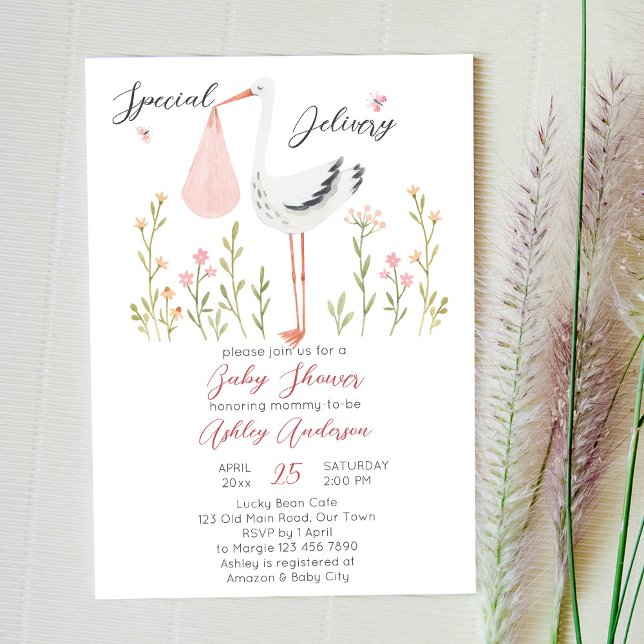 Special delivery stork spring flowers baby shower invitation (Creator Uploaded)
