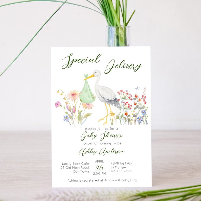 Special delivery stork spring flowers baby shower invitation (Creator Uploaded)