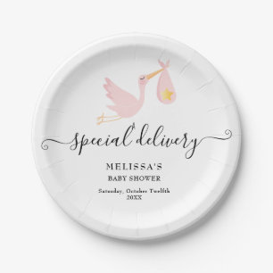 Special Delivery Stork Star Pink Baby Girl Shower Paper Plate
