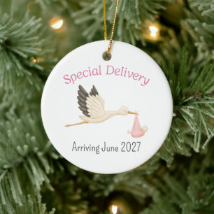 Special Delivery Stork with Baby Girl Ceramic Tree Decoration