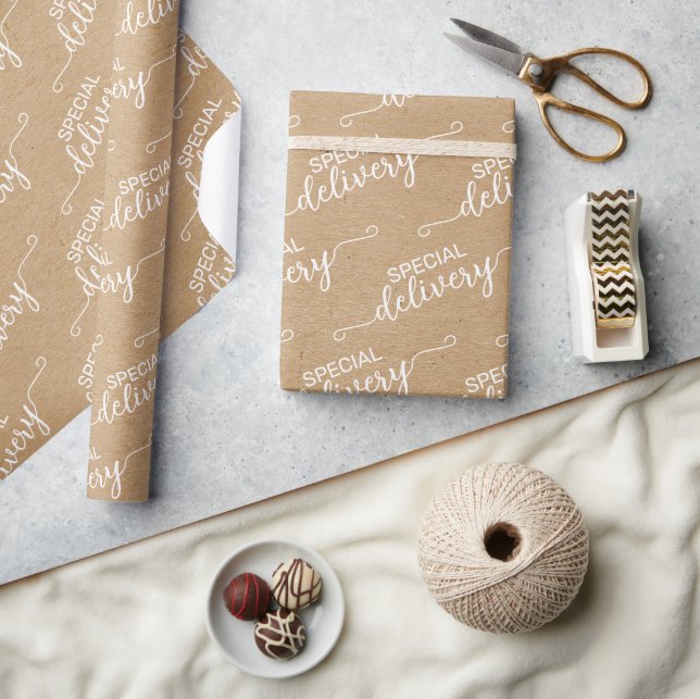 Special Delivery Word Art Faux Rustic Brown Kraft Wrapping Paper (Crafts)