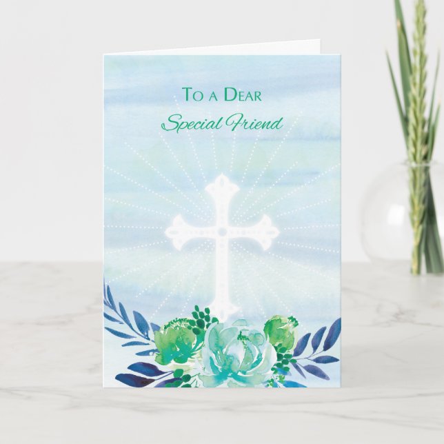 Special Friend Teal Blue Flowers with Cross Easter Holiday Card (Front)